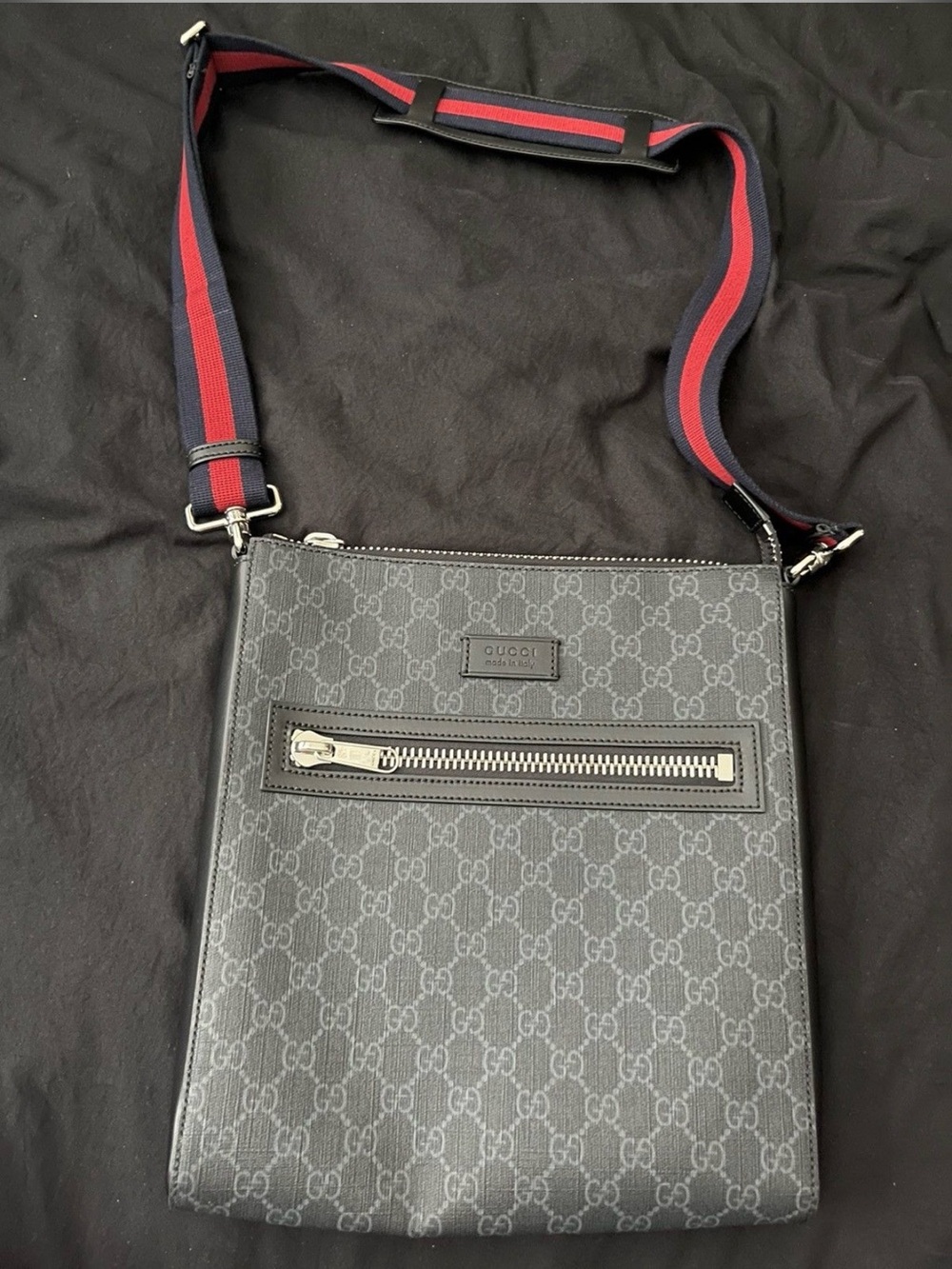 Gucci Gray GG Supreme Messenger Bag with Red-Blue Web Strap